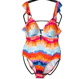 Kenneth Cole Reaction NWT Tidal Wave Tie-Dye One-Piece Push Up Back Tie Swimsuit
